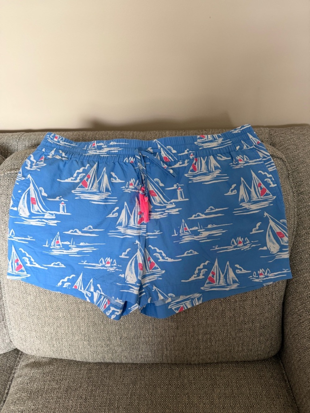 Vineyard Vines Blue Sailboat Print Women’s Shorts with Pink Drawstring